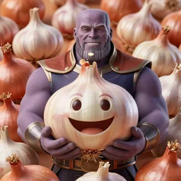 garlic thanos holding the largest onion and smiling, character portrait, ultra realistic, concept art, intricate details, highly detailed by greg rutkowski, ilya kuvshinov, gaston bussiere, craig mullins, simon bisley, proud onion hybrid thanos, surrounding onions, smiling and cheerful