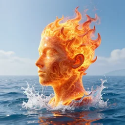 a sculpture made of flame in the shape of a human head, on the ocean water, water manipulation photoshop, cgsociety, cinematic, in the style of johnson tsang, long shot, hyper detailed, hyper realistic, ray tracing, 8 k resolution, sharp focus, realistic water, award winning