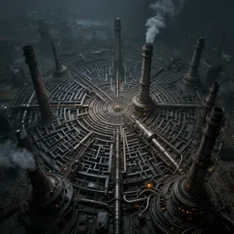futuristic dystopian endless, intricate, complex, labyrinthine, byzantine, tangled, industrial complex, smokestacks, pipelines and ducts and vents, landscape painting, steampunk, smoke, night, gloomy, dark, dramatic, cinematic, volumetric lighting, gods eye view