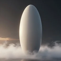 professional render of a single massive beautiful neo - futuristic matte symmetrical elongated oval monolith emerging from fog by ilm and denis villeneuve, emmanuel shiu, zaha hadid, sunset, white vapor, architectural scale, dark background, hyperrealism, matte painting, very high detail, volumetric, trending on artstation, cgsociety, rendered in octane