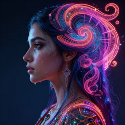 Majesty, Maya Ali, sorceress, side profile portrait, sweat drops, neon, fibonacci, insane, intricate, highly detailed, digital painting, artstation, concept art, smooth, sharp focus, illustration, Unreal Engine 5, 8K, art by artgerm and greg rutkowski and alphonse mucha