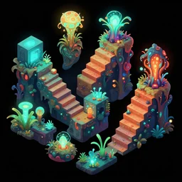 concept art 2 d game asset of various stair blocks with organic isometric design, bioluminescent alien - like plants inspired by the avatar's bioluminescent alien nature. around the stairs, we can see plants glowing in the dark. isometric perspective, item is in a black background colorful neons cyan, orange red, painterly cartoonish octane render masterpiece