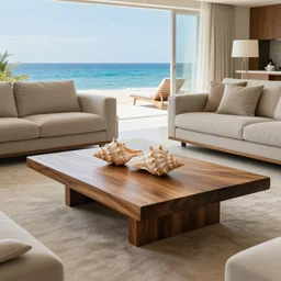 A modern living room inspired by the ocean, a luxurious wooden coffee table with large seashells on top in the center, amazing detail, 8k resolution, calm, relaxed style, harmony, wide angle shot