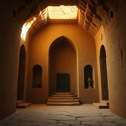 inside!!! a simple temple made of ochre quarry stones and white adobe walls, different altars in separate alcoves, light coming from outside, atmospheric fantasy matte painting by christophe vacher and ruan jia and ivan shishkin, trending on artstation