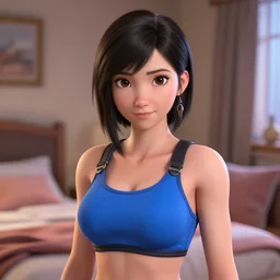 tifa lockhart in lacy blue bra, looking at viewer!!! in the bedroom at a sleepover!! beautiful face!!!!, 2 7 years old, cg animation, lifelike, animated, realistic, character select portrait, by artgerm, greg rutkowski, alphonse mucha, 3 d