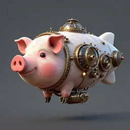a blimp in the shape of a pig, steampunk, digital art, extremely detailed