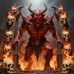 hyper realistic giant devil on entrance of hell on fire ans skulls, art by greg rutkowski, intricate, ultra detailed, photorealistic, vibrante colors, trending on artstation, octane render, 4 k, 8 k