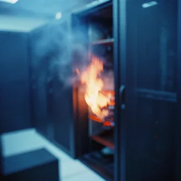 blue tinted server room on fire, motion blur, iPhone photo, film grain, blurred