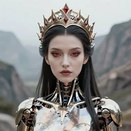 concept art by artgerm, attractive i robot demon queen with crown and red eyes, soft natural light, intricate, elegant, highly detailed, mountain background with houses and river, digital painting, artstation, concept art, smooth, sharp focus, illustration, art by greg rutkowski and alphonse mucha and uang guangjian and gil elvgren, symmetry!!