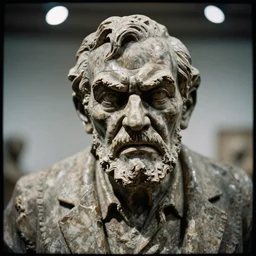 sculpture of an angry old man by philippe faraut, bokeh, volumetric light, film grain