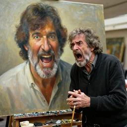 old bob ross is sad and angry and yelling at a huge painting by bob ross
