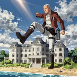 joe biden, as the colossal titan, kicking a mansion, attack on titan, anime key visual, wit studio official media, beachfront mansion, huge mansion, giant stomping foot