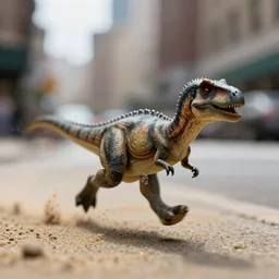macro photo by national geographic of a tiny sandy dinosaur running in a new york street, fast shutter speed, motion blur, tiny gaussian blur, insanely detailed, insanely intricate, depth of field, low contrast, wide aperture, action photography