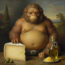 obese ancient creature looking straight at camera, by fernando botero, cheese, oliven oil, grease, food, intricate details