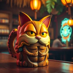 a closeup photorealistic photograph of an orange cat garfield style tiki mug at a trader vic's bar with garfield's face on the front. tiki party. bright scene. fine detail. this 4 k hd image is trending on artstation, featured on behance, well - rendered, extra crisp, features intricate detail, epic composition and the style of unreal engine.