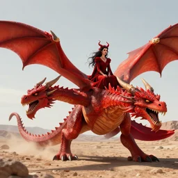 evil sorceress riding on the back of an enormous, roaring red dragon through the mojave desert at sunset. realistic photograph. horror fantasy in the style of lovecraft. 4 k. highly detailed.