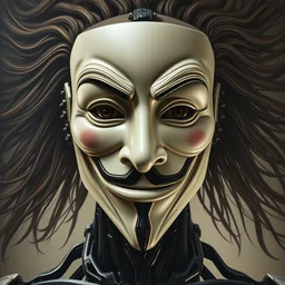 perfectly centered portrait, front view of a beautiful biomechanical android alien anonymous guy fawkes robot, flowing hair, intense stare, sarcastic smile, symmetrical, concept art, intricate detail, volumetric shadows and lighting, realistic oil painting by tim hildebrandt and greg rutkowski,