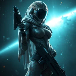 sexy fighter ornate feminine cyborg in full body skin space suit, arab helmet, concept art, joshua rife, gun, intricate, highlydetailed, space background, artstation 4 k raytracing, shadows, highlights, illumination
