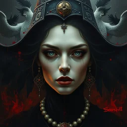 a hyper realistic witch empress from heaven, beautiful symmetrical face, cinematic black chaos in background, award winning painting, brush splashes of blood, artwork by chiara bautista and beksinski and norman rockwell and greg rutkowski, tom bagshaw weta studio, and lucasfilm