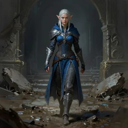 full body character portrait of a female elf lavellan from dragon age walking through a muddy destroyed underground temple wearing inquisitors garb, dragon age concept art, dragon age, dragon age inquisition, blue and grey color scheme, illustration, digital painting, matte painting, realistic lighting, with a realistically proportioned face, glowing eyes, photorealistic eyes, good value control, realistic shading
