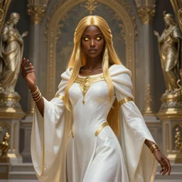 Full portrait of a young Cleric Lady, pearl white robes with golden details, alluring, detailed face, dark brown skin, supernatural golden eyes, golden straight hair, bracelets, floating, spellcasting, statues and an altar filling the background, SINGLE CHARACTER!, highly detailed, high fantasy, dnd, d&d, dungeons and dragons, smooth, sharp focus, no extra characters, digital illustration, by Krenz Cushart and Artem Demura and alphonse mucha, artstation, HD, 4K, midjourney, octane