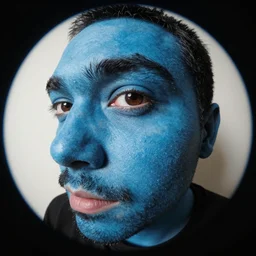 fish eye lens close up photograph of a blue skin man with a goatee side eyeing the camera with a sympathetic look