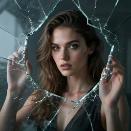 photorealistic woman behind smashed glass, stunning detail, hyperreal rendering, octane render, highly detailed, cinematography atmosphere, dramatic, 4 k