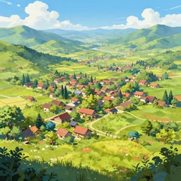 matte painting of a countryside landscape of a village. vibrant, sunny, elaborate, detailed digital art trending in artstation