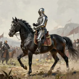 medieval knight on black percheron, battlefield, sideview, highly detailed, digital painting, artstation, concept art, sharp focus, illustration, frazetta, aleksi briclot, rutkowski
