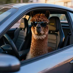 cyberpunk photo of a dark brown llama wearing large sunglasses in the drivers seat of a futuristic sports car