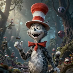 complex 3 d render, hyper detailed, ultra sharp, of the cat in the hat, scary, cosmic horror, cinematic, natural soft light, rim light, art by greg rutkowski and artgerm and moebius, dr seuss