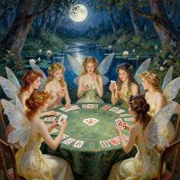 a group of gracious fairies playing cards!!!!! on a table in an atmospheric moonlit forest next to a beautiful pond filled with water lilies, artwork by ida rentoul outhwaite, the fairies have wings!!!! and play blackjack!!!!.
