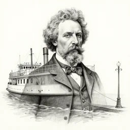 mark twain next to a steamboat, big, pencil sketch, 3 d render