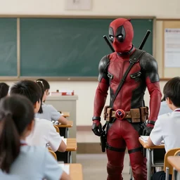 film still of Deadpool teaching in a primary school classroom in the new Deadpool movie, 4k