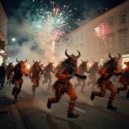 kodak portra 4 0 0, 5 0 0 mm tele lens, f 1. 2, long exposure time, dynamic vivid atmospheric photograph in the middle of running chasing jumping hazardous horde of krampus, by robert capas, in muted colours, striped orange and teal, motion blur, on a street in salzburg at night with colourful exploding pyro firework and torches, fog