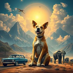 india dream art, cars, mountains, elephants and a dog doing situps in the sky