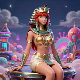 maximalist 3 d render of red - haired final fantasy egyptian pharaoh, warframe armor, regal, attractive, ornate, sultry, sexy, beautiful, elize theron, pretty face, green eyes, scifi platform against a psychedelic surreal background in the style of 1 9 9 0's cg graphics against the cloudy night sky, lsd dream emulator psx, 3 d rendered y 2 k aesthetic by ichiro tanida, 3 do magazine, wide shot