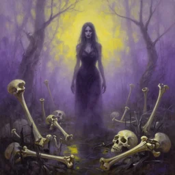 oil painting of a swamp filled with bones, with a strange women standing, foggy, purple and yellow color pallet horror art,