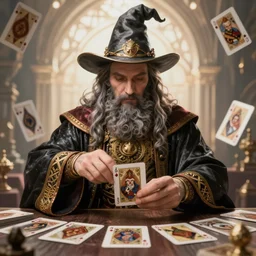 handsome wizard shuffling cards, cards, fantasy, digital art, soft lighting, concept art, 8 k, hyperrealistic