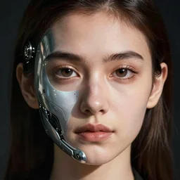 close - up portrait of beautiful young woman with one side of the cybernetic face.