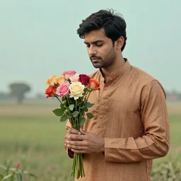 indian guy holding flowers, looking nostalgic, in love, in a dapper kurta, very beautiful artwork by Wes Anderson