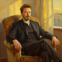 oil painting of tony stark with cheekbones, sitting in an armchair in a room with the setting sun, by thomas kinkade, rembrandt, golden hour