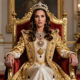 photo of gal gadot sitting on queens throne royalty wearing royal mantle gold jewelry diamonds pearls jewels by alex ross