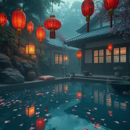 painting of private onsen next to japanese inn with levitating red lanterns and petals by greg rutkowski craig mullins ross tran cushions towels buckets zen garden flowers japanese motifs concept art clear focus fantasy d & d cinematic lighting unreal engine lumen reflections trending on artstation