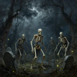 fantasy oil painting, skelton warriors, crypt in a swamp, gravestones, night, dnd, spooky, stormclouds, fireflies, highly detailed, by jeff easley and larry elmore and tim hildebrandt, 4 k, 5 0 mm, unreal engine
