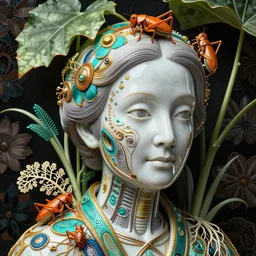 cinema 4d colorful render, organic, dark scene, ultra detailed, of a porcelain old woman's face. biomechanical, analog, macro lens, beautiful natural light, big leaves and large orange grasshoppers, stems, roots, fine foliage lace, turquoise gold details, high fashion haute couture, art nouveau fashion embroidered,  intricate details, mesh wire, mandelbrot fractal, anatomical, facial muscles, cable wires, elegant, hyper realistic, in front of dark flower pattern wallpaper, ultra detailed