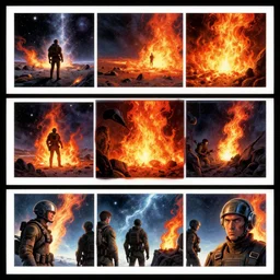3 panel graphic novel layout creative layouts syd mead fiery cryogenic tears of hyperspace loneliness small unit tactics photorealistic graphic novel layout by michael komarck, greg rutkowski, victo ngai, artgerm, willem claesz heda and j. dickenson roger deakins