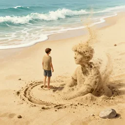a full shot of a little man made of sand, standing on a beach, slowly eroding due to wind, intricate details, digital art by wlop, deviantart contest winner, fantasy art, digital illustration, digital painting, photoillustration