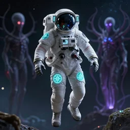 occult cosmonaut with glowing magic symbols on his suit, highly detailed octane render 4k, floating in space with yog shothoth in the background