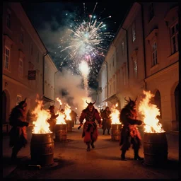 kodak portra 4 0 0, winter, hellfire, award winning dynamic photograph of a bunch of hazardous krampus between fire barrels by robert capas, motion blur, in a narrow lane in salzburg at night with colourful pyro fireworks and torches